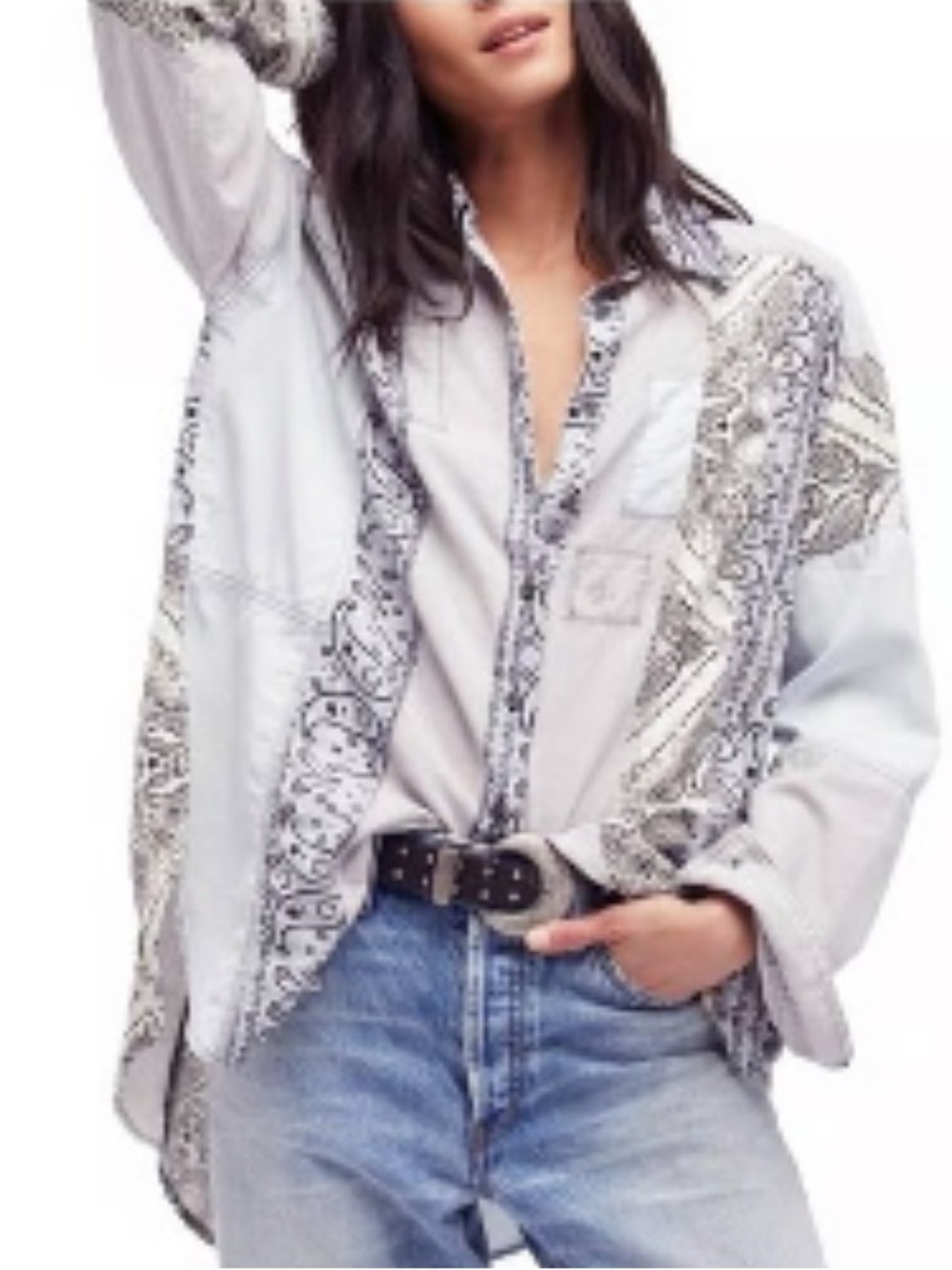 NWOT Free People All Patched Up Bandana Chambray Button-Down Shirt CS Oversized